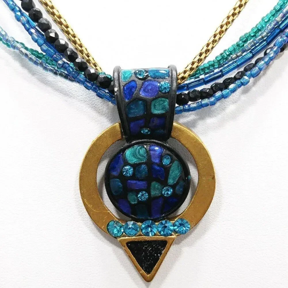 Chico's Teal Blue Beaded Necklace, Rhinestone Enamel Pendant, Five Strands, 20